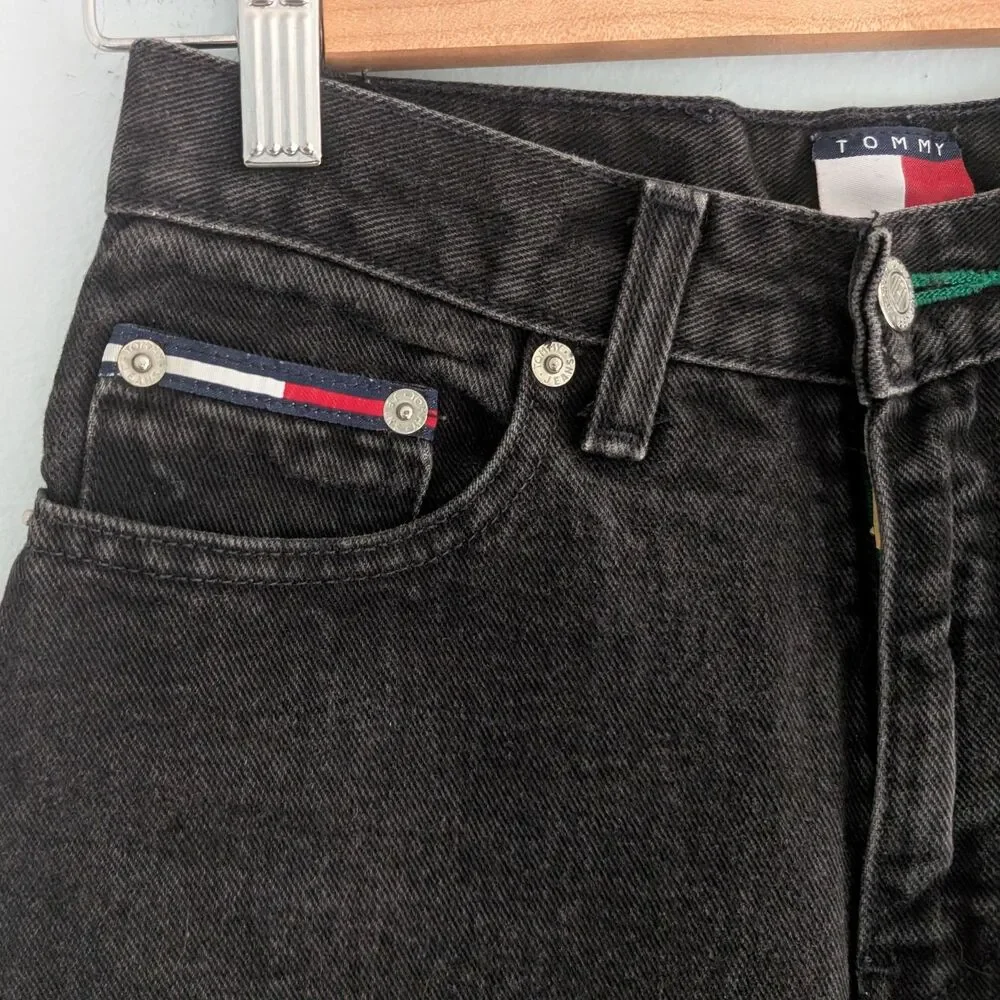 Vintage 90s Y2K Tommy Hilfiger Jeans Black Denim Cropped Distressed JRS Size 1